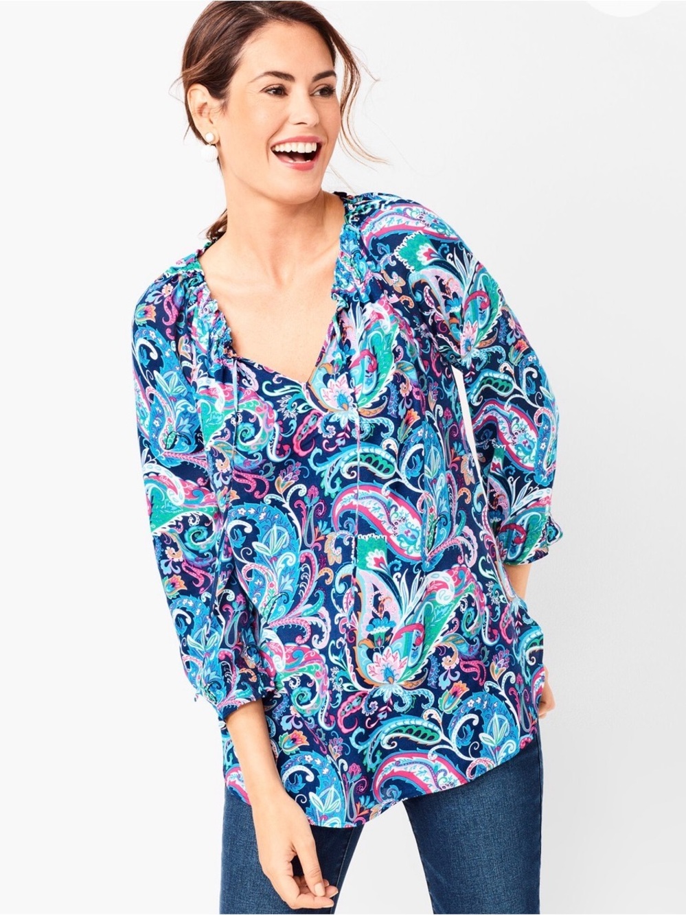 Talbots Navy Paisley Peasant Blouse Tie Neck Popover Size Medium Resort Vacation